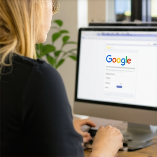 A person working on a laptop with Garland cityscape background, optimizing local SEO.