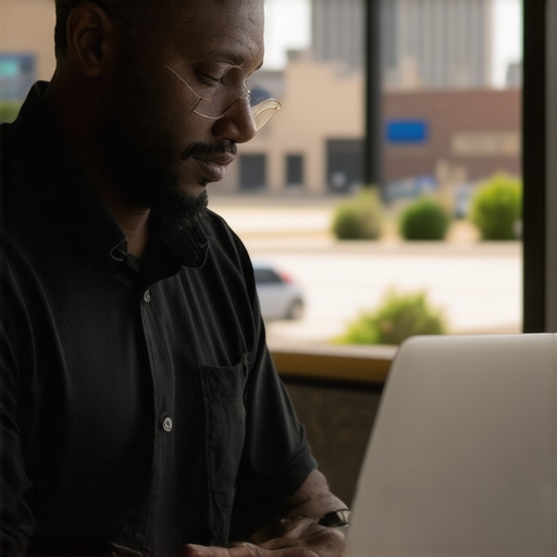 Business owner updating Google Business Profile on laptop with Garland cityscape