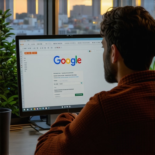 Optimizing a Google Business Profile in Garland Person working on Google Business Profile optimization with Garland cityscape in background