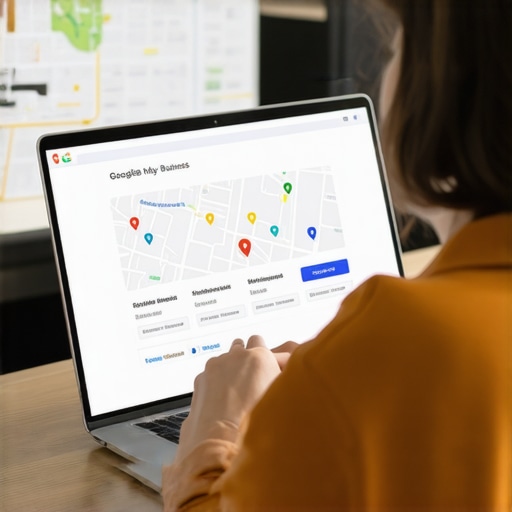 Person editing Google Business Profile on laptop with Garland city map in background