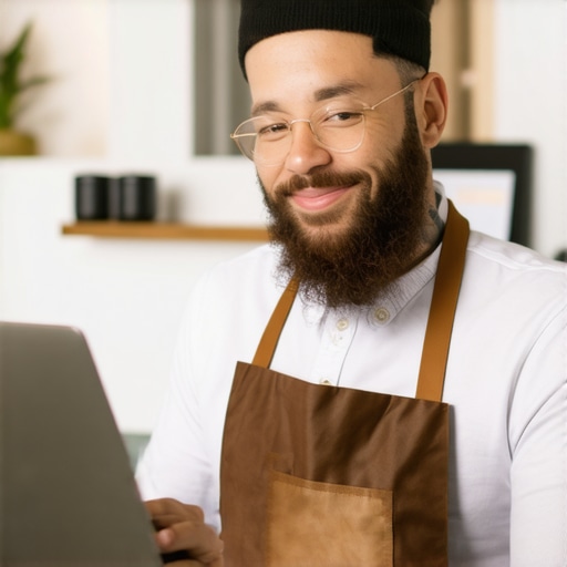 Garland Business Optimization A Garland shop owner improving GMB profile with local community in background.
