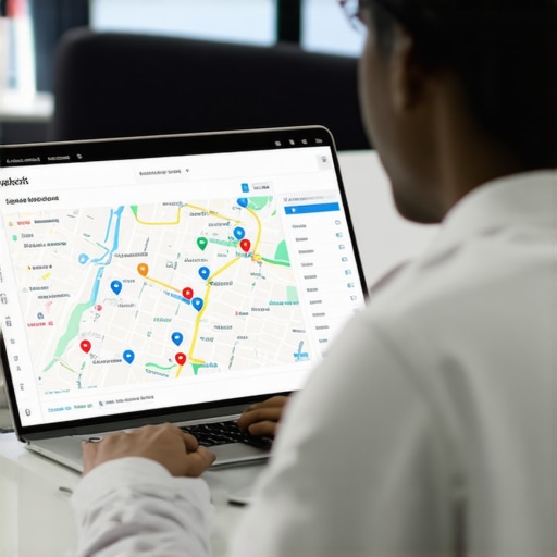 Person analyzing local SEO data on laptop with Garland map background