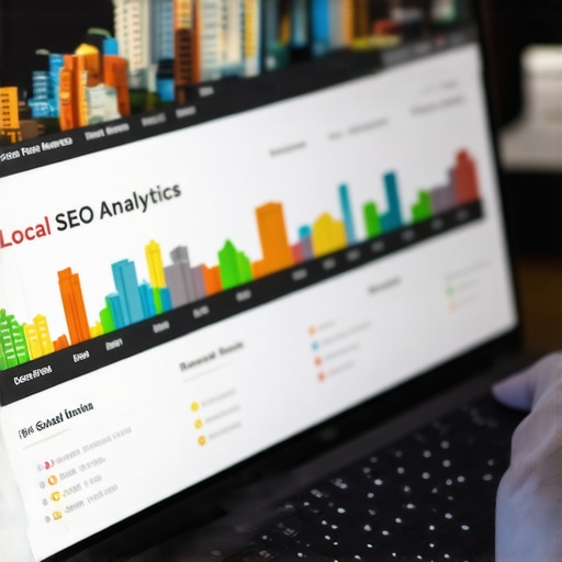 Laptop showing local SEO metrics with Garland landmarks in the background.