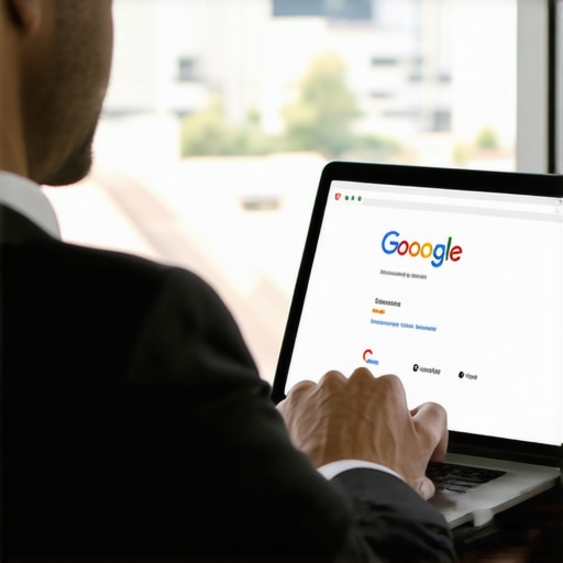 Business owner updating his Google profile on a laptop with Garland cityscape in the background.