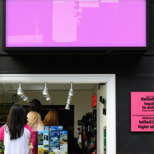 Busy Garland storefront with digital signage and happy customers, representing ongoing local SEO efforts.