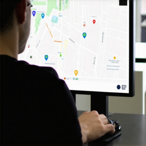 Business owner reviewing SEO data and Garland map on laptop screen.
