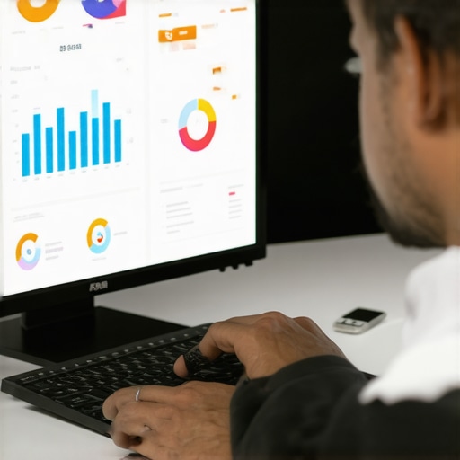 A marketer analyzing SEO data on a computer screen with charts and graphs.