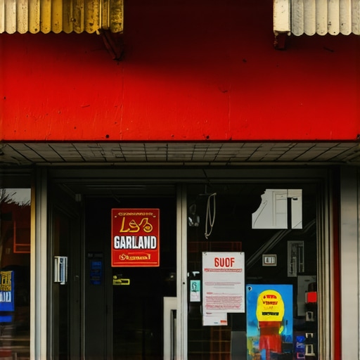 A vibrant Garland storefront with iconic local landmarks visible in the background, daytime shot.
