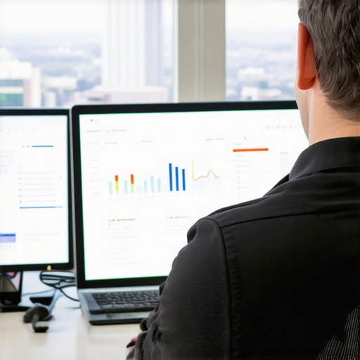 A digital marketer analyzing Garland local SEO metrics on computer screens in a modern office.