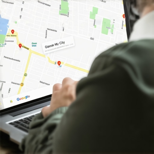 Person updating Google My Business profile on laptop with Garland city map.
