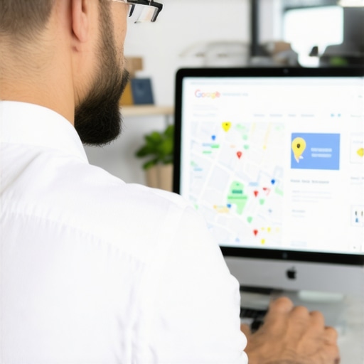 Garland shop owner enhancing Google Business Profile on a laptop with local map visualizations
