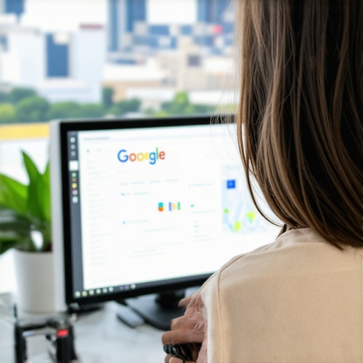 Local business owner editing Google Business profile on laptop with Garland cityscape