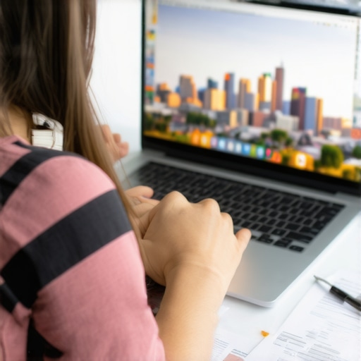 Person analyzing local SEO metrics on a laptop with Garland landmarks in background