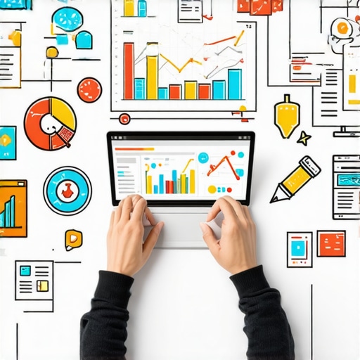 Person analyzing local SEO data on a laptop with charts and icons representing online marketing tools